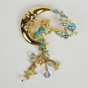 Kirks Folly Pipedream Fairy~Pixie Sprite Enamel Brooch Pin~Bubbles~Man in Moon